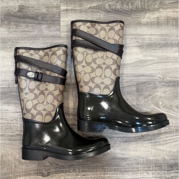 Coach Logo Trisha II Women's Brown Rubber Rain Boots Size 6 - Picture 1 of 7